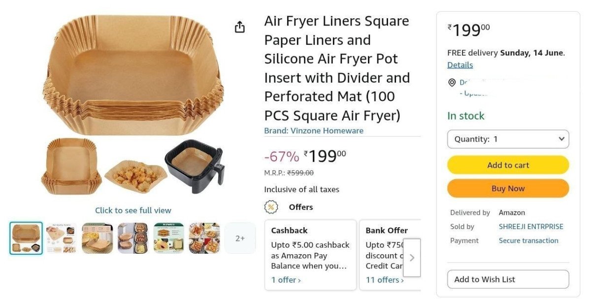 Loottt Fasttt Air Fryer Liners Square Paper Mat (100 Pcs) 199 Kitchen Essen