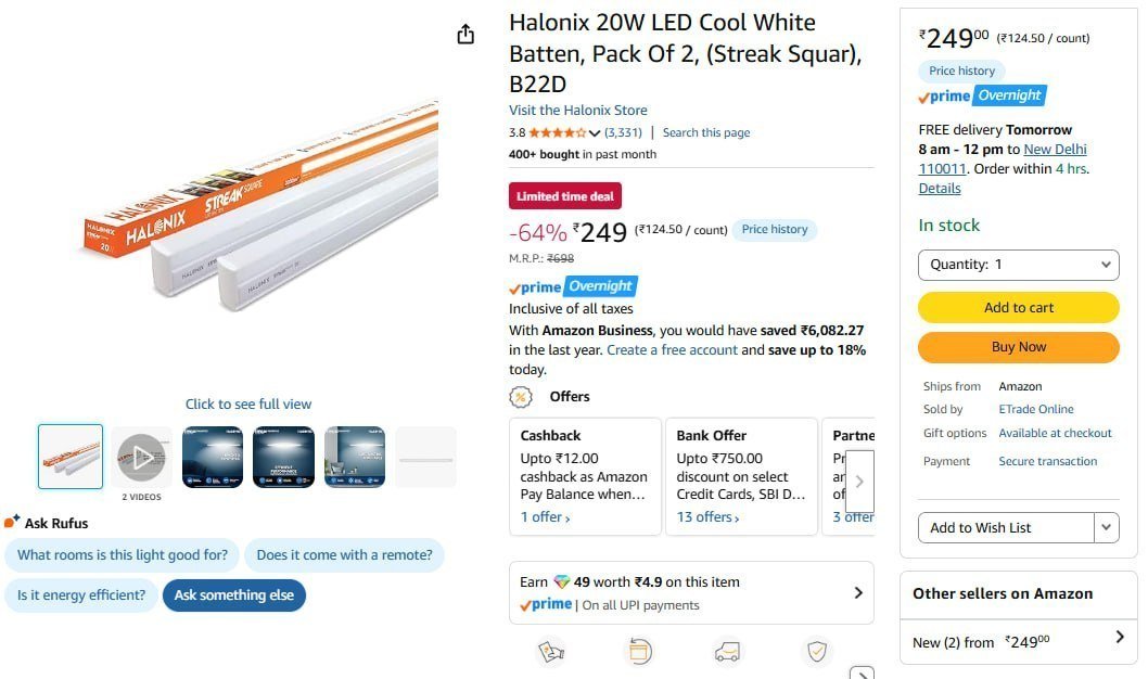 Halonix 20w Led Tubelight (pack Of 2) 249