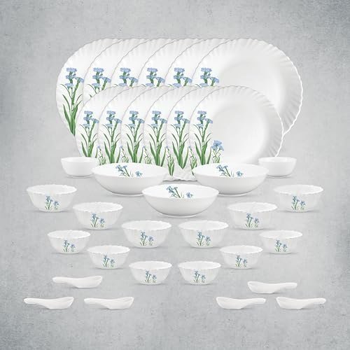 La Opala Opal Glass Crockery For Family Of 6 Dinner Set 35 Pcs Blue Florets