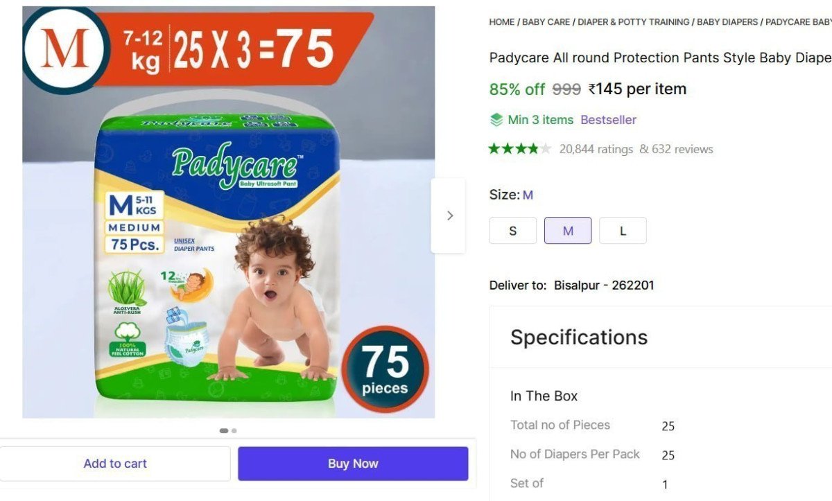 Padycare Baby Diapers - M (25 Pieces) 145 Min Buy 