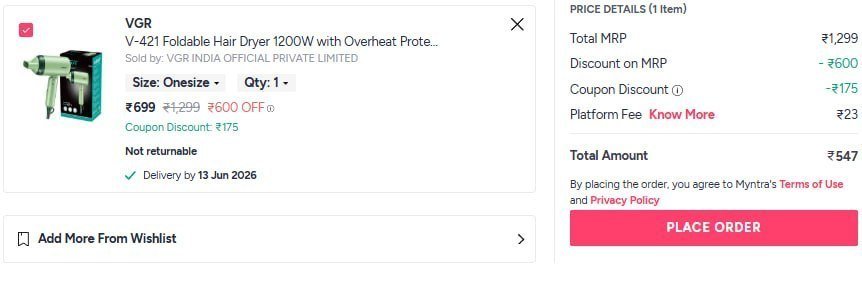 Myntra Vgr Hair Dryer 1200w At 547 Apply Code Beautysteal