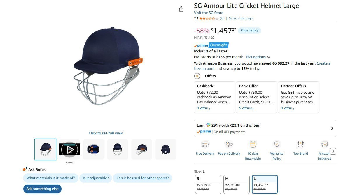 Sg Armour Lite Cricket Helmet (l) 1457