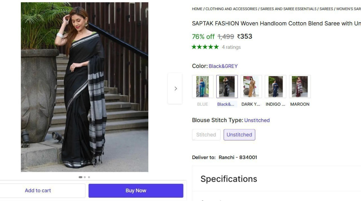 Woven Handloom Cotton Blend Saree With Unstitched Blouse 353