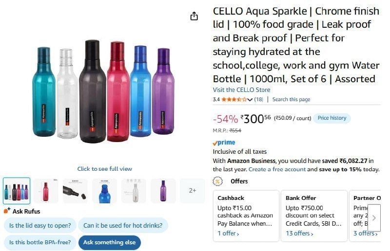 Cello Aqua Sparkle Bottle 1000ml Set Of 6 300