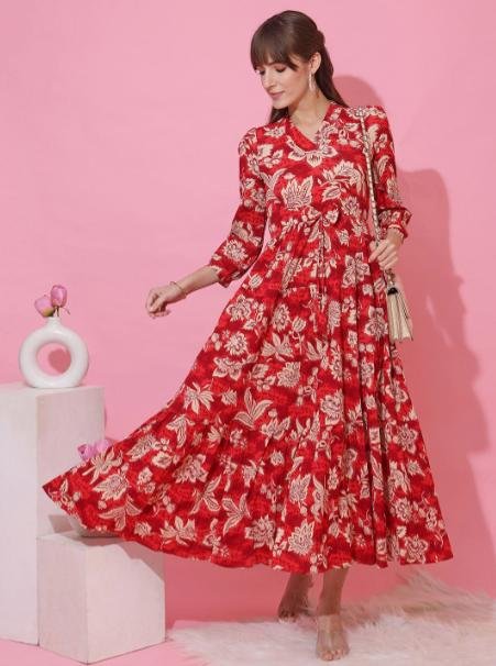Sheetal Associates Floral Printed Puff Sleeves Fit Flare Midi Dress 448