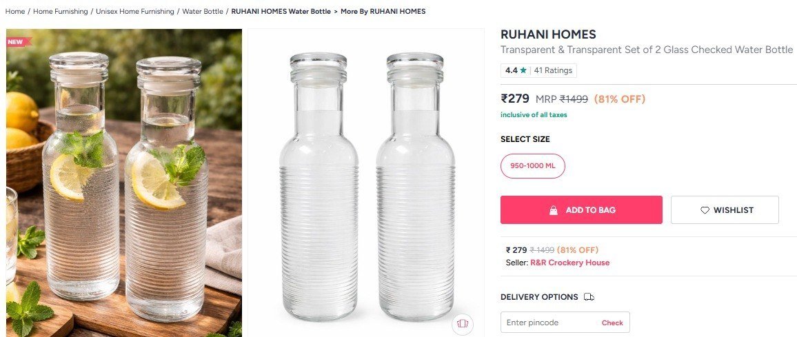 Myntra Set Of 2 500ml Glass Water Bottle At 2