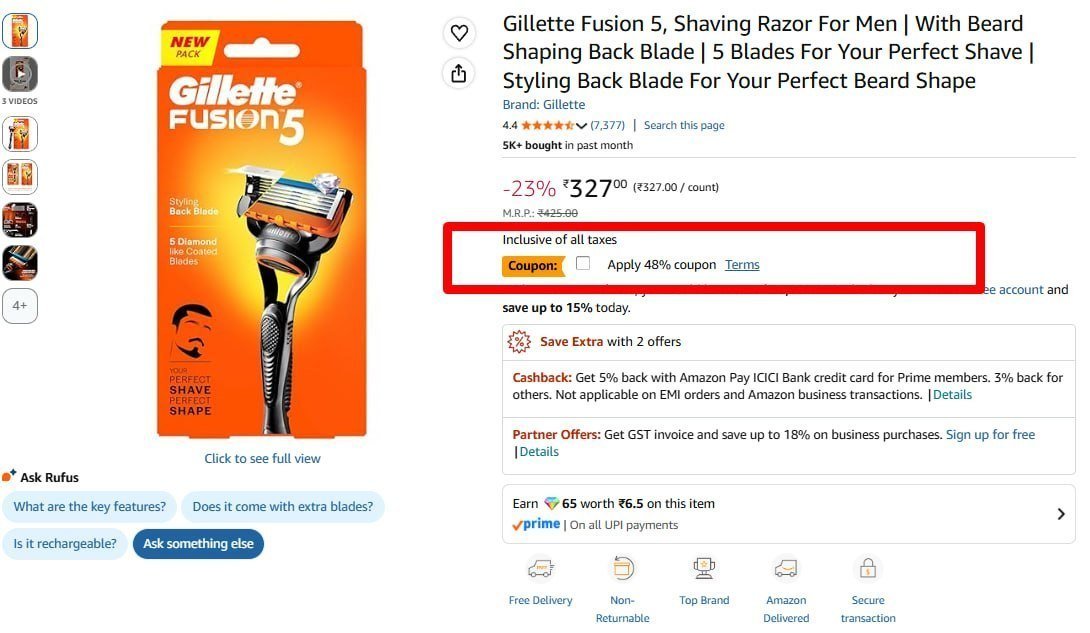 Gillette Fusion 5 Shaving Razor 170 48