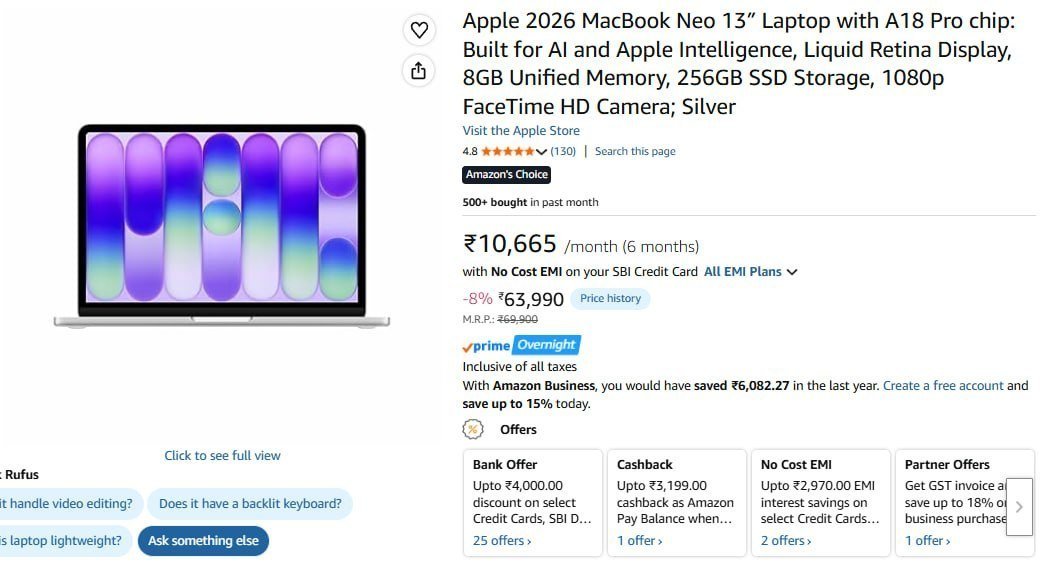 Apple Macbook Neo 57 990flat 6000 With Sbi Ax