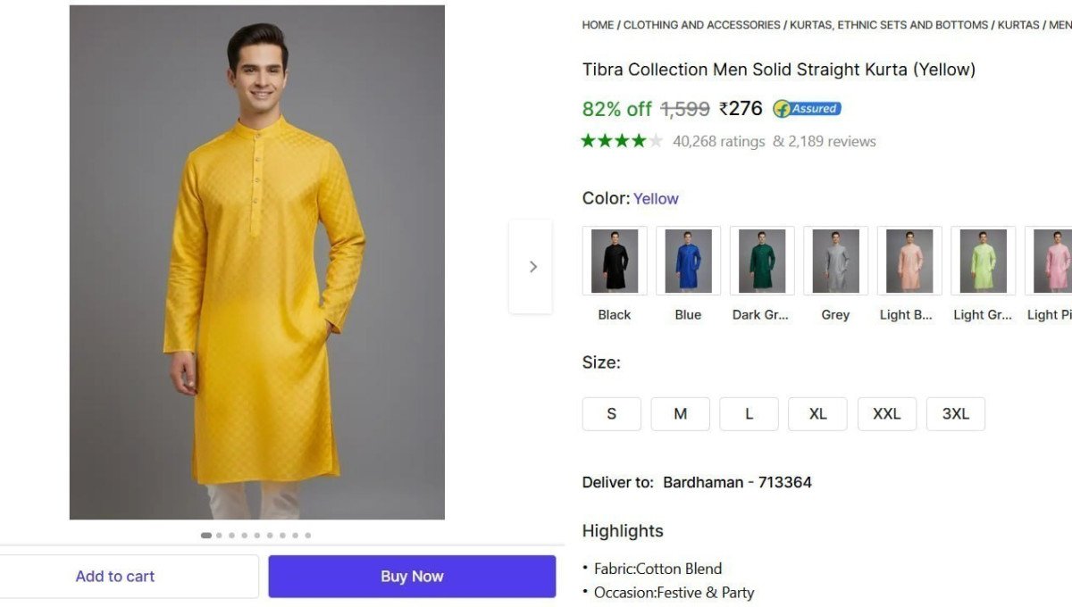 Men S Cotton Blend Kurta At 276 14 Colors Availabl