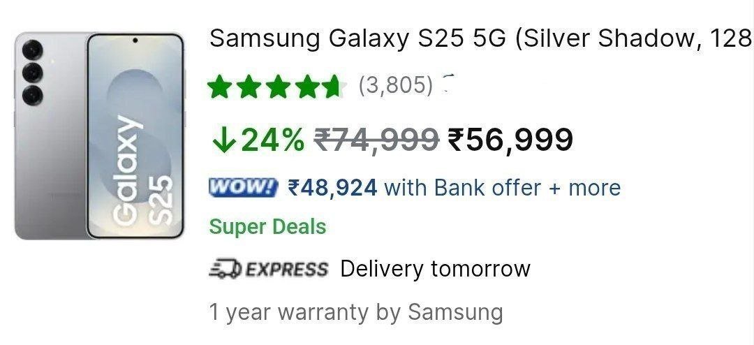Samsung Galaxy S25 5g (128gb 12gb) Rs 51499 (effec
