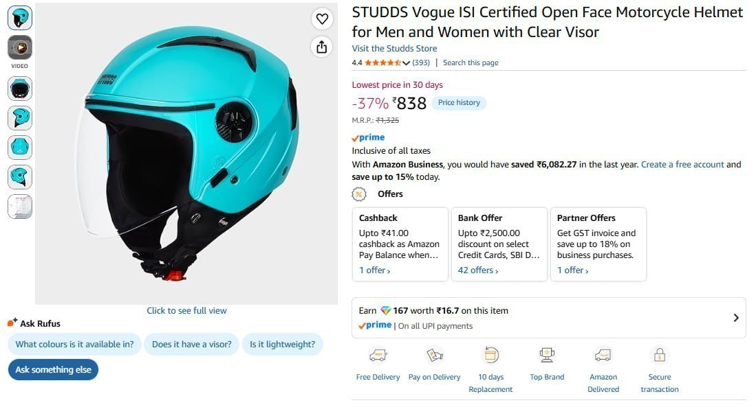 Studds Open Face Motorcycle Helmet 838