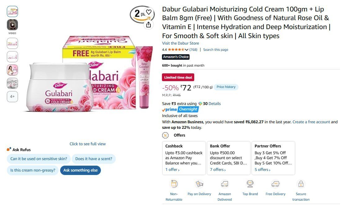 Dabur Gulabari Moisturizing Cold Cream 100gm Lip B