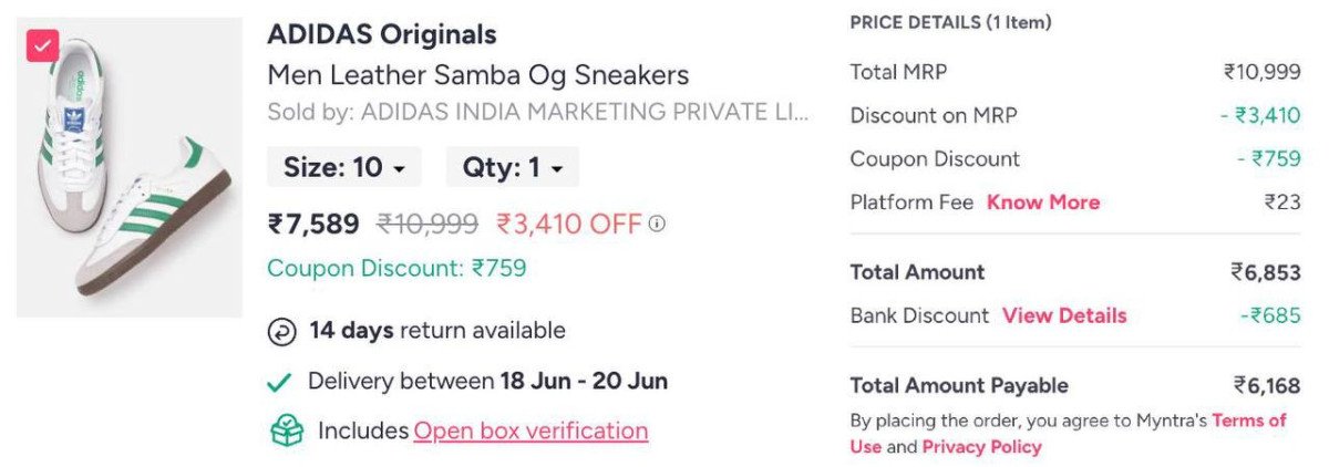 Myntra Adidas Samba 6 168 Mens Womens Premium10 Pa