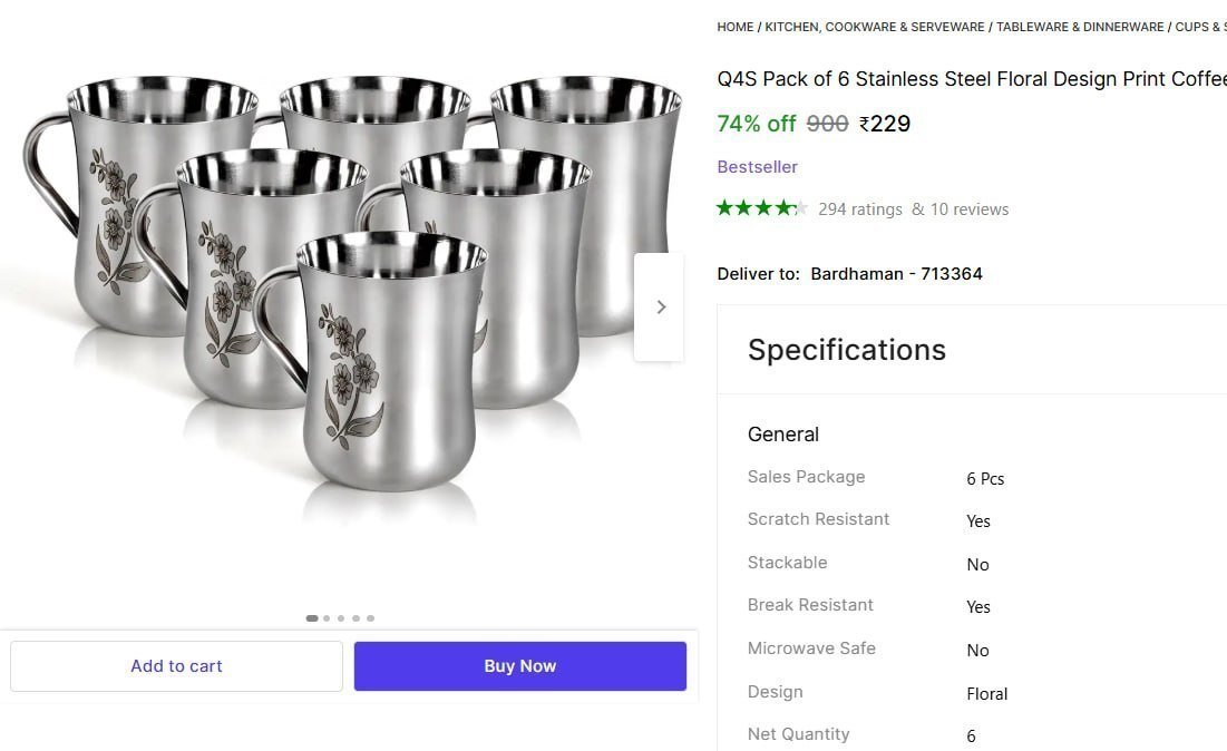Floral Steel Tea Cups 6 Pcs 229