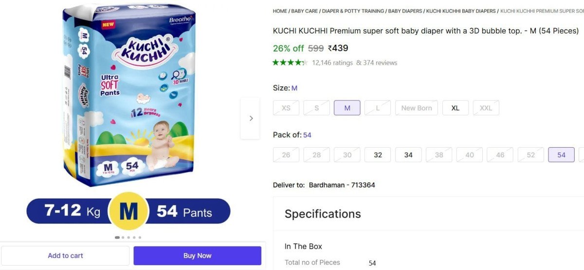 Kuchi Kuchhi Premium Super Soft Baby Diaper M (54 