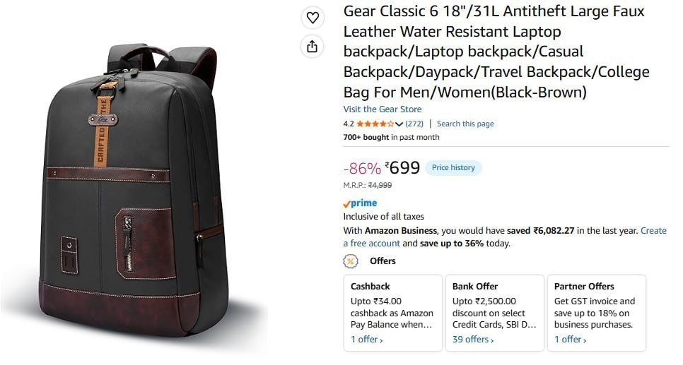 Gear 31l Antitheft Large Faux Leather Backpac