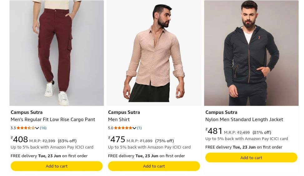 Amazon 83 On Campus Sutra Clothing Men S Women S