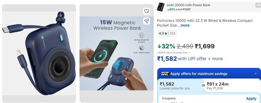 Flipkart Portronics 10000 Mah 22 5 W Wired Wireless Compact Pocket Size deal