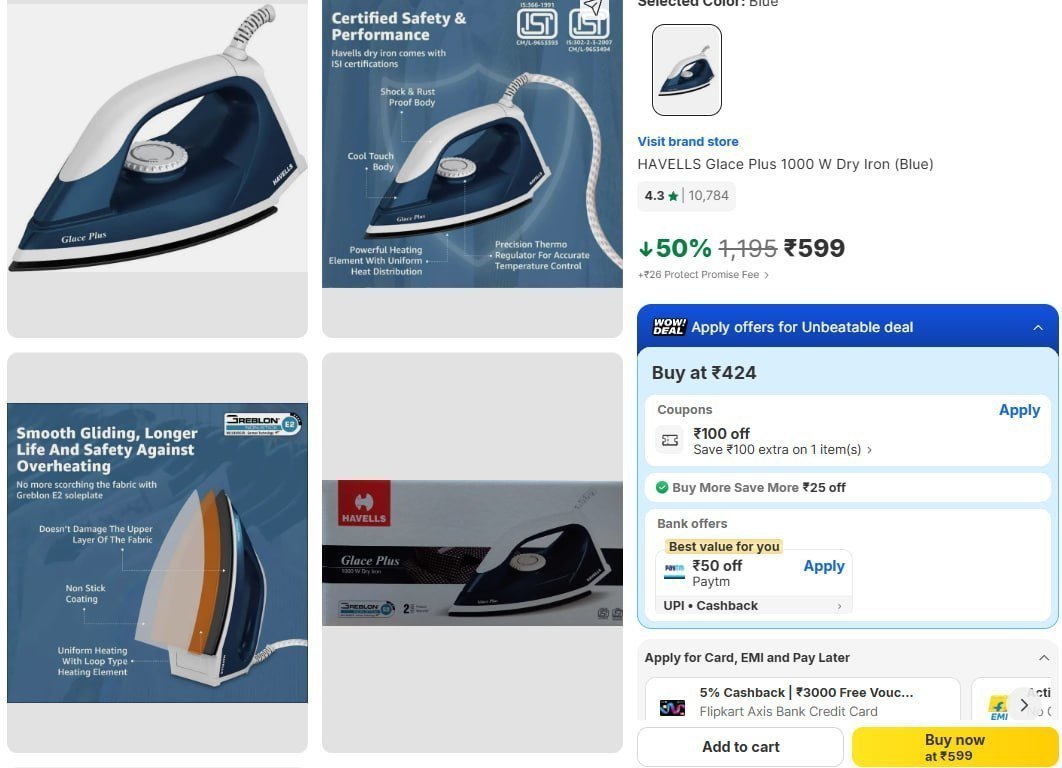Havells Glace Plus 1000 W Dry Iron 599