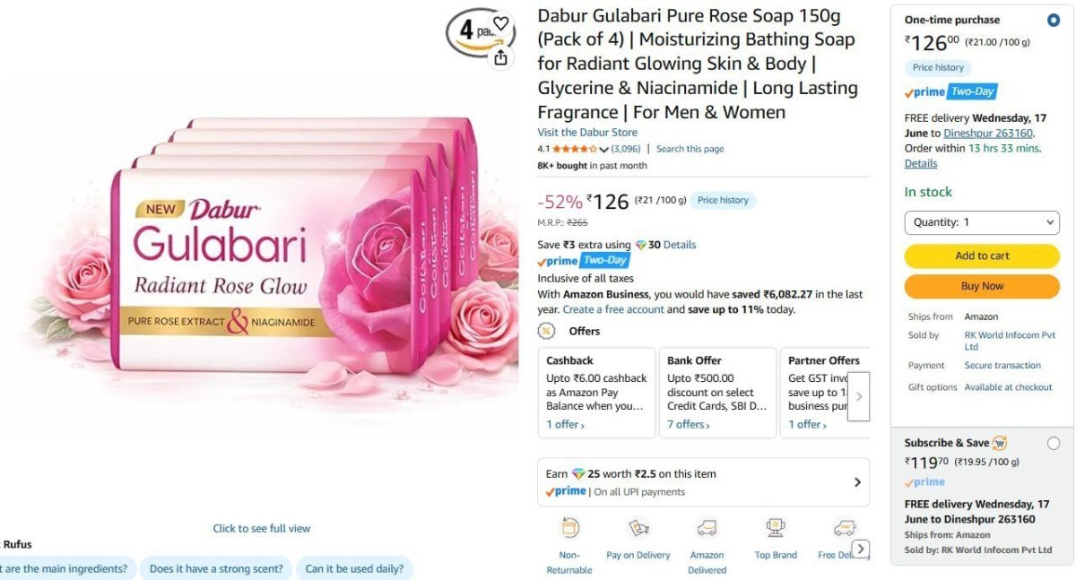 Dabur Gulabari Pure Rose Soap 150g (pack Of 4) 126