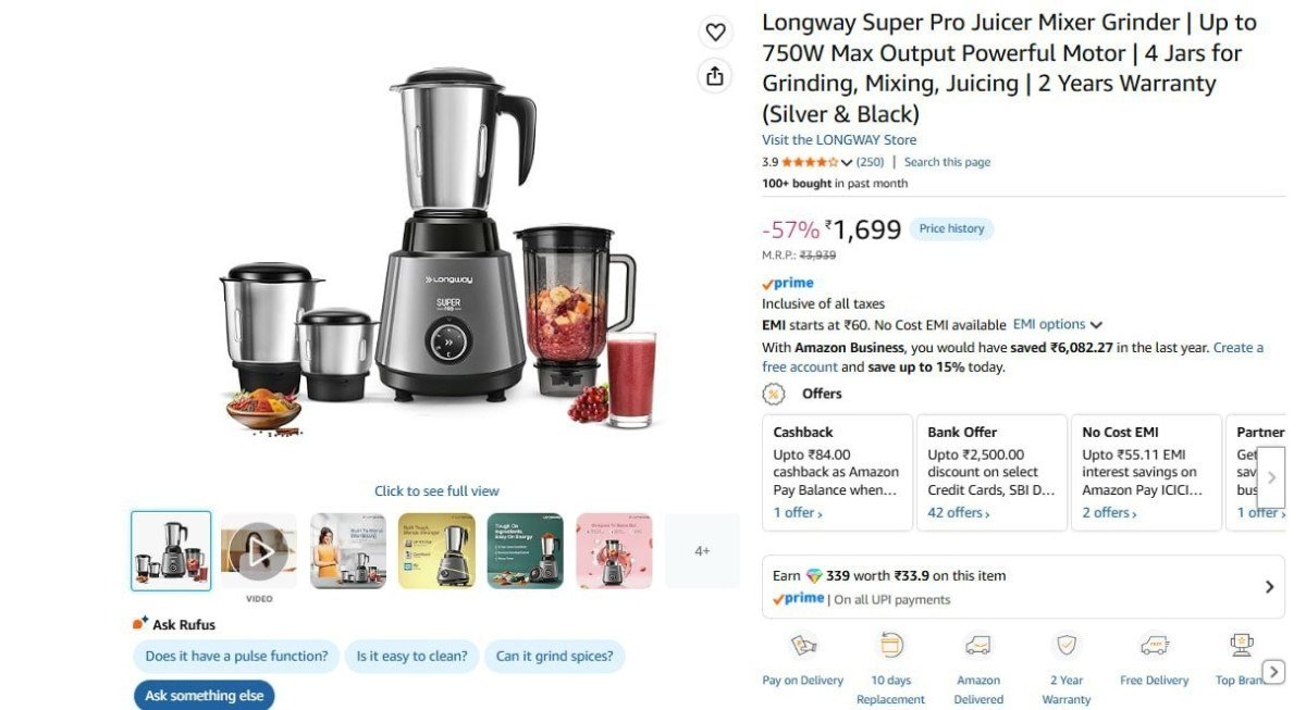 Longway Juicer Mixer Grinder 750w (4 Jars) 16