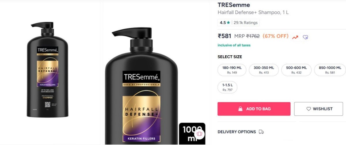 Myntra Flat 67 On Tresemme Hairfall Defense Shampo