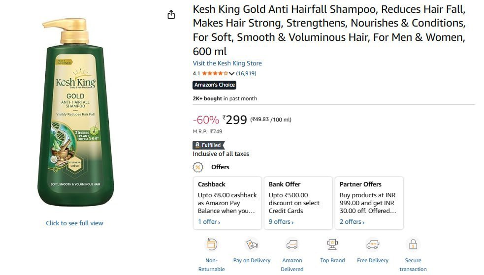 Kesh King Gold Anti Hairfall Shampoo 600ml 299