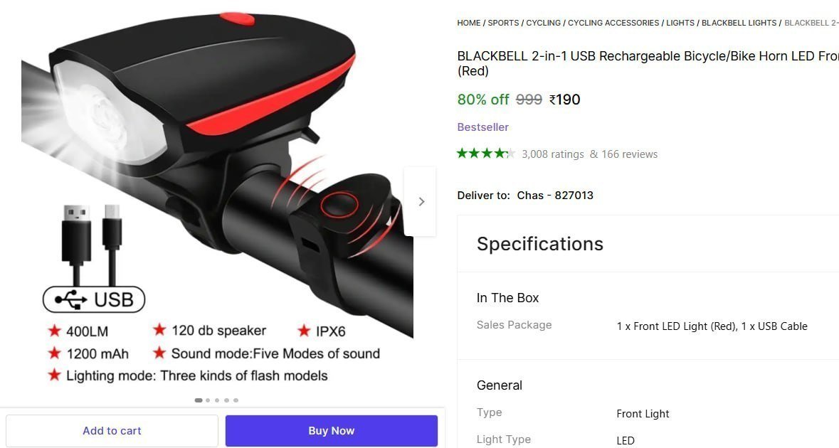 Rechargeable Bicycle Bike Horn Led Front Light 190