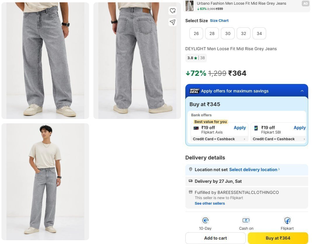 Men Loose Fit Mid Rise Grey Jeans 364