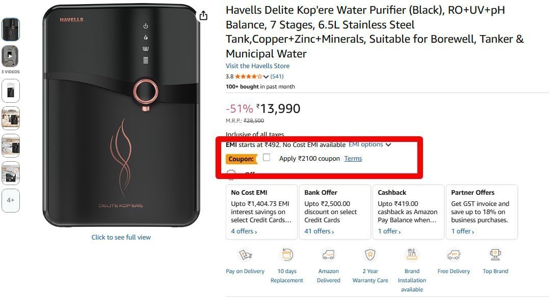 Havells Delite Kop Water Purifier 9390 2100 2500 W