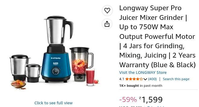 Amazon Longway 70w Juicer Mixer Grinder 1599