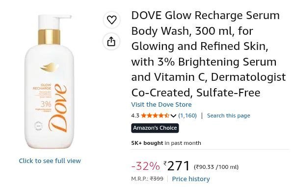 Amazon Dove Glow Recharge Serum Body Wash 300