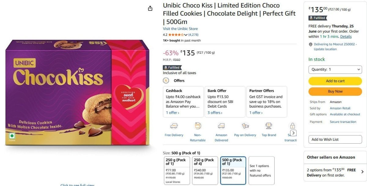 Unibic Choco Kiss Cookies 500gm 135