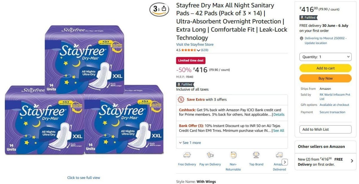 Stayfree Sanitary Pads 42 Pads (pack Of 3 14) 416