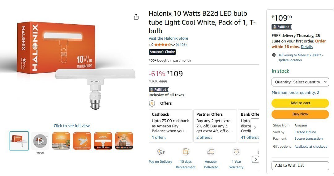 Halonix 10w Led T-bulb 109 30w 389