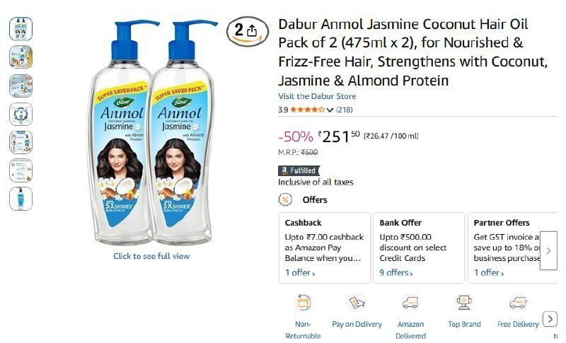 Dabur Anmol Jasmine Coconut Hair Oil (475ml X