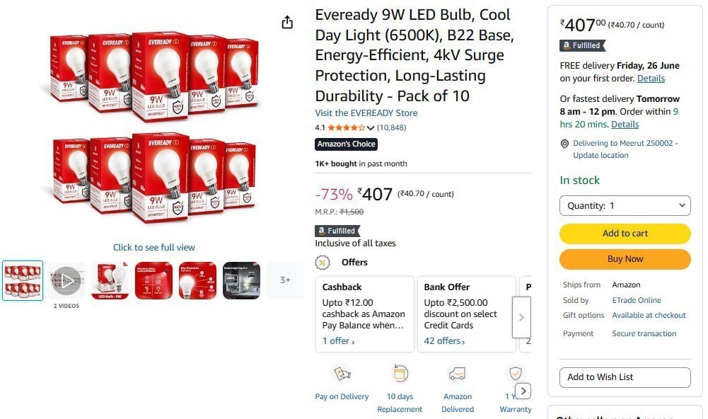 Eveready 9w Led Bulb Pack Of 10 407