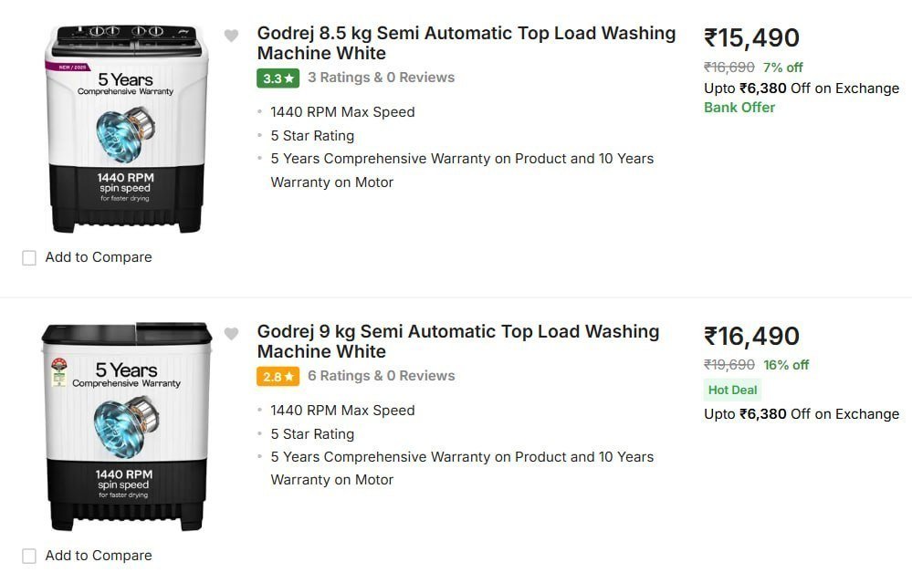 Godrej Semiswashing Machine From 13 009 With 