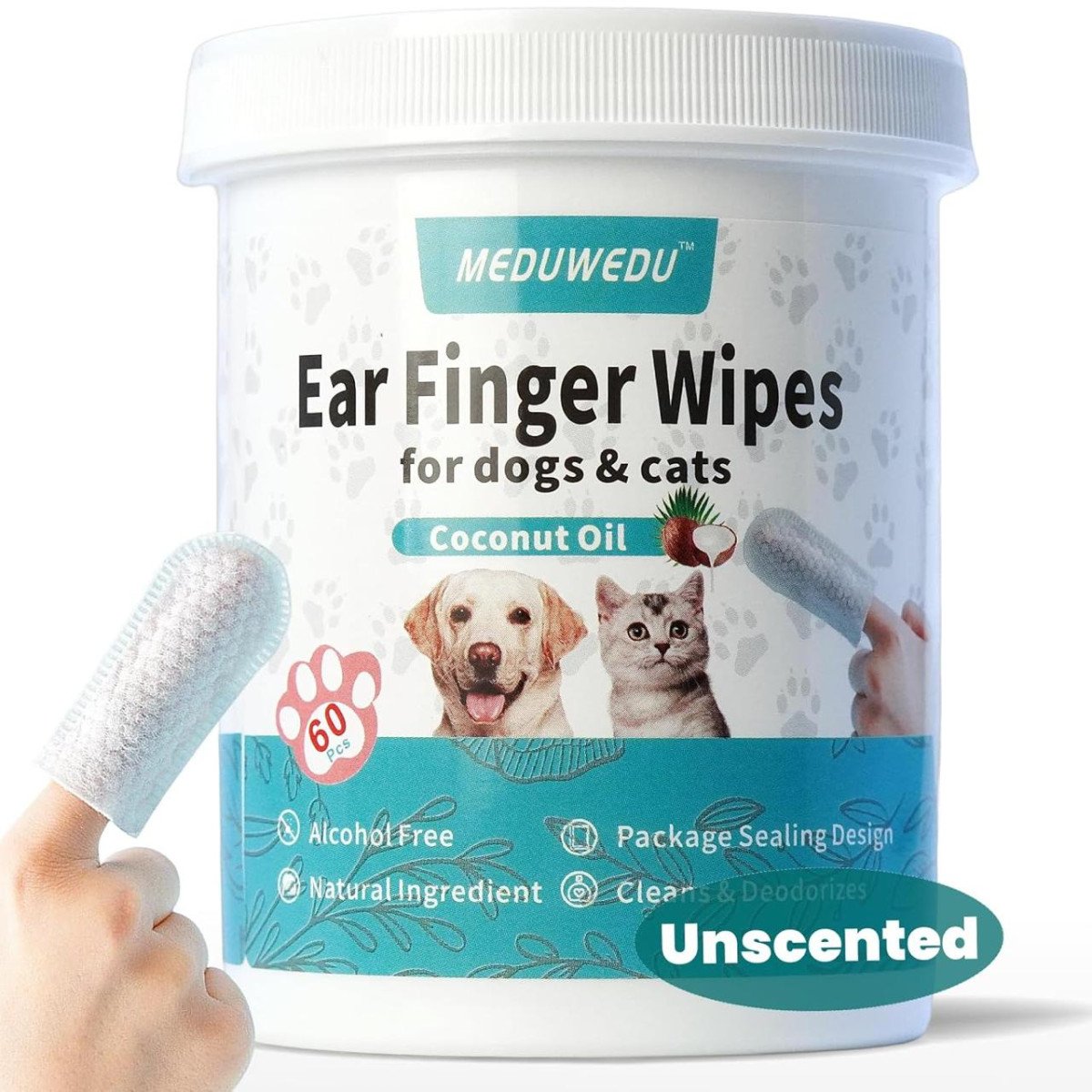 Meduwedu Ear Cleaner Finger Wipes 60 Counts Dog Ea