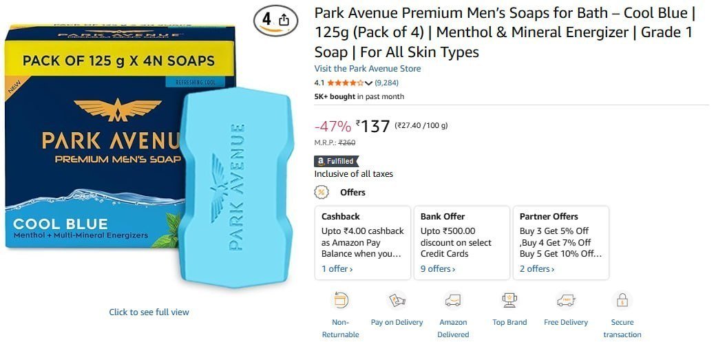 Park Avenue Premium Mens Soaps For Bath (125g X 4)
