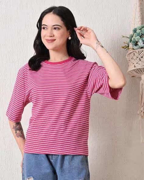 Oyeebro Women Striped Regular Fit Crew-neck T
