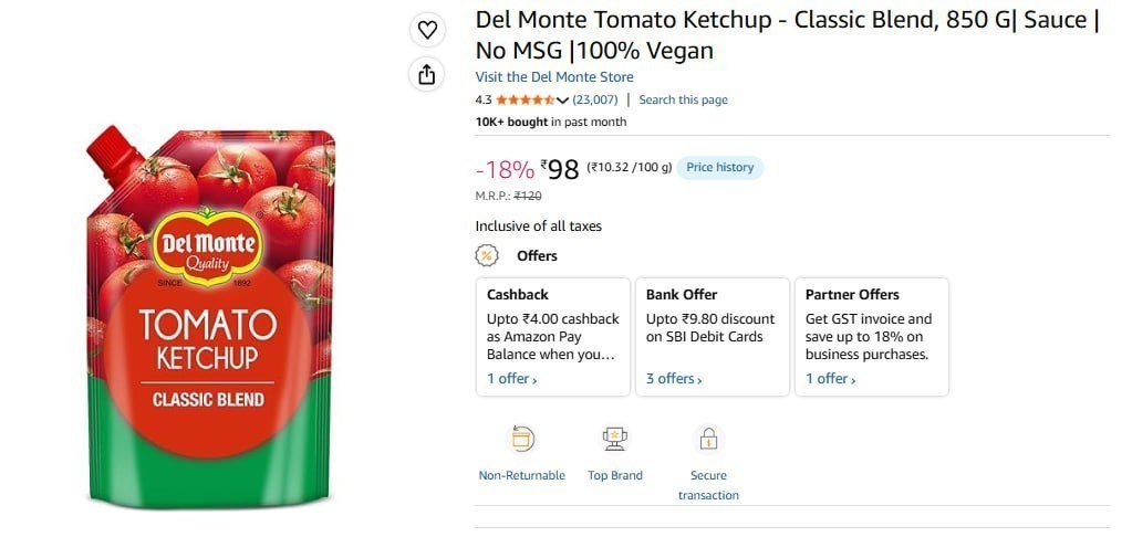Del Monte Tomato Ketchup- 900g At 98
