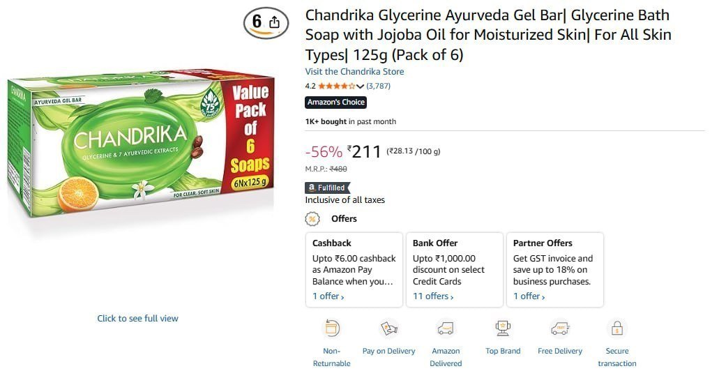 Chandrika Glycerine Bath Soap 125g (pack Of 6) 211