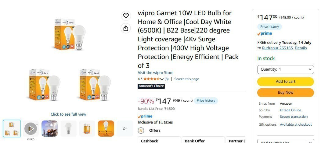 Wipro 10w Led Bulb (pack Of 3) At 147