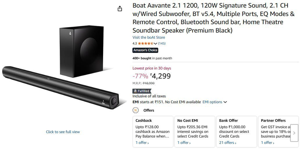 Boat Aavante 2 1 120w Bluetooth Sound Bar 4299