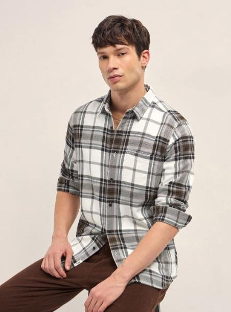 The Bear House Checked Spread Collar Pure Cotton C