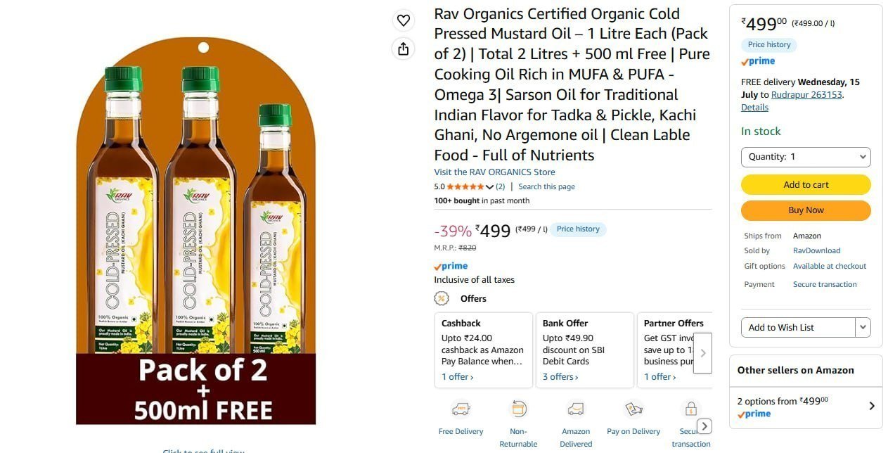 Cold Pressed Certified Organic Mustard Oil Combo P