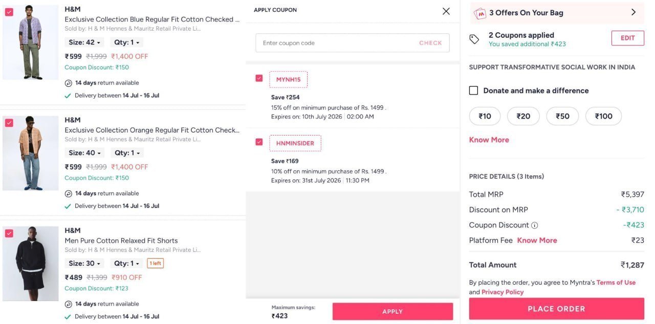 Myntra 74 On H M Clothing Extra 25 Men Women Boys 