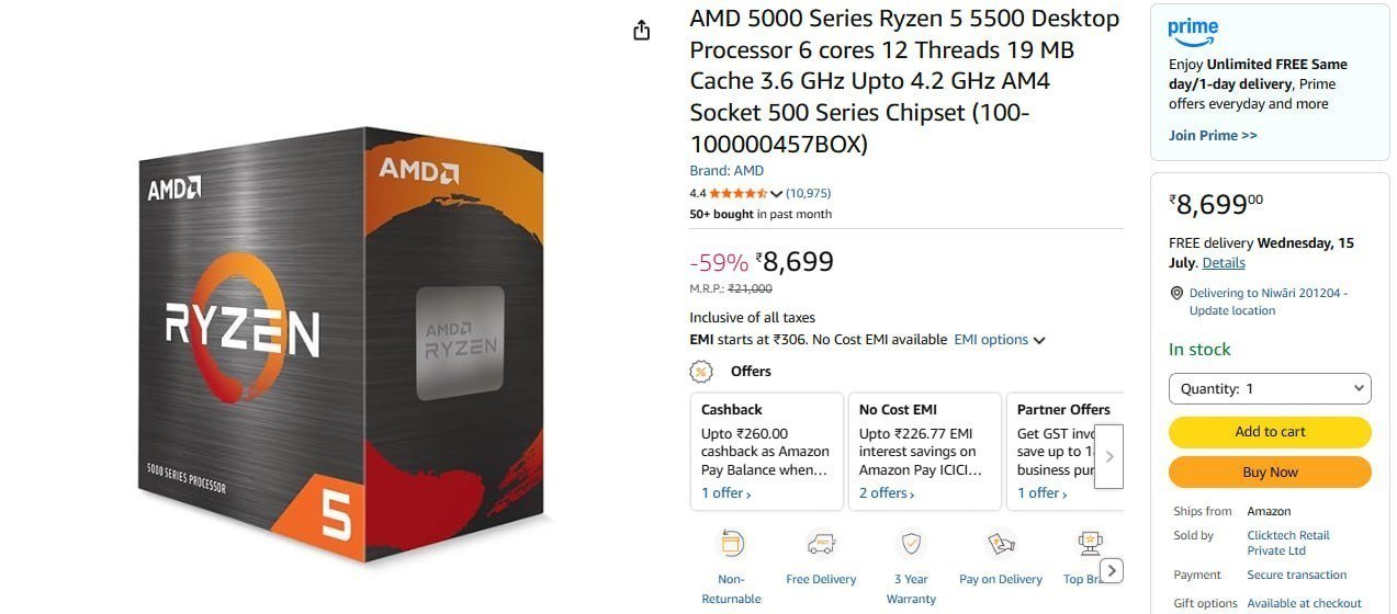 Amd 5000 Series Ryzen 5 5500 Desktop Processor 869