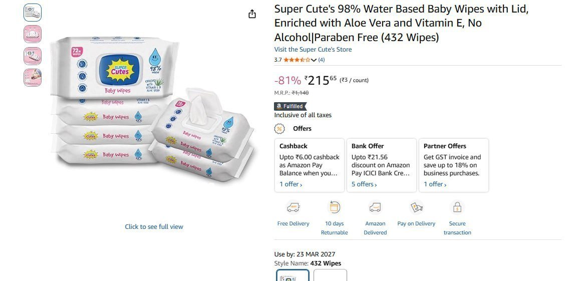 Loot Baby Wipes (432 Wipes) 215 Regular 1100